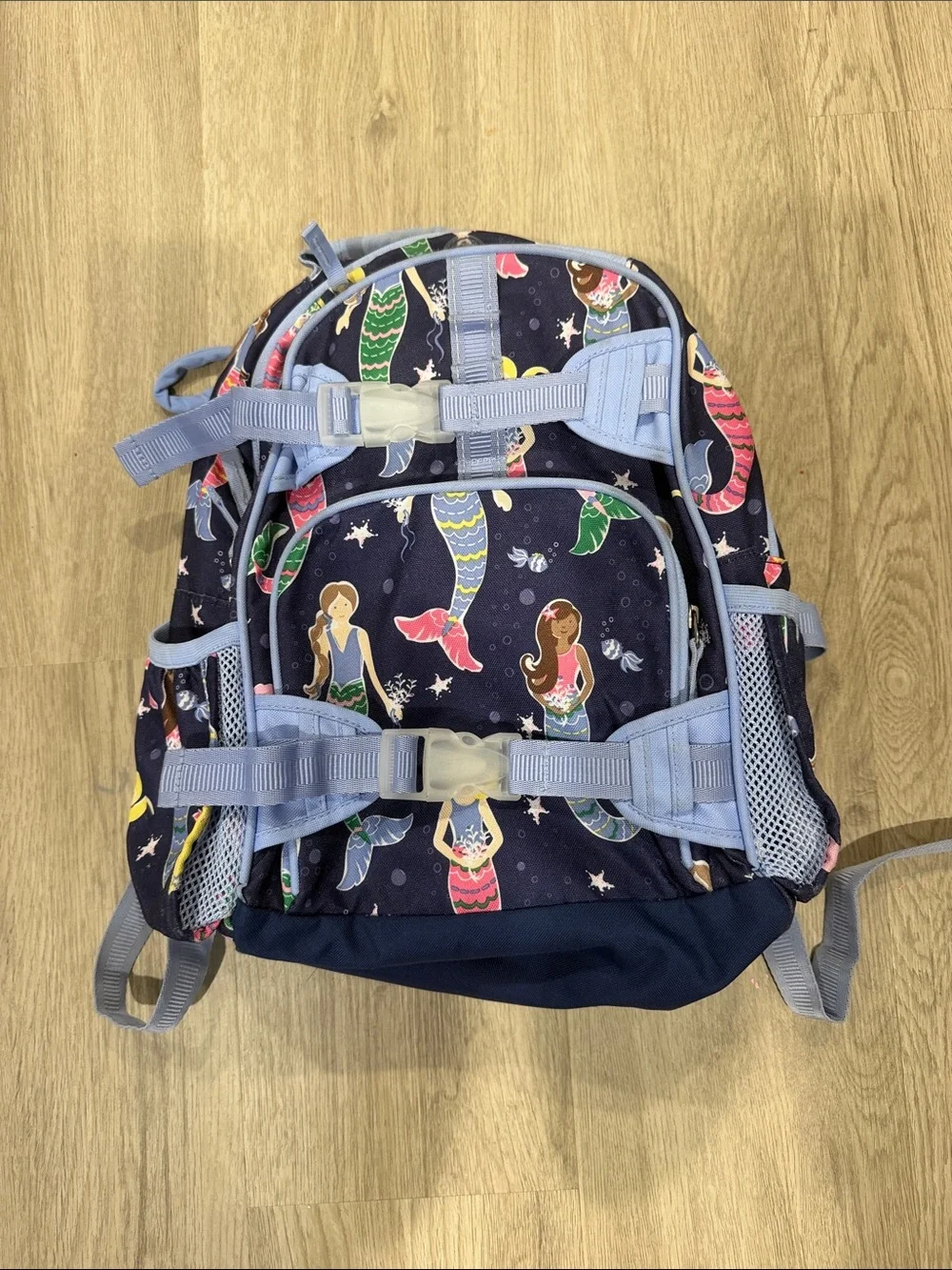 Pottery Barn Kids Navy Mermaid Print Backpack with Light Blue Straps